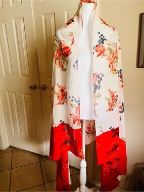 Aratta Floral Open Front Scarf Jacket in Cream and Red